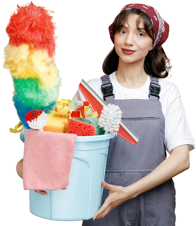 smiling-young-female-cleaner-wearing-uniform-bandana-holding-squeegee-mop-bucket-cleaning-tools-looking-camera-isolated-orange-background 1